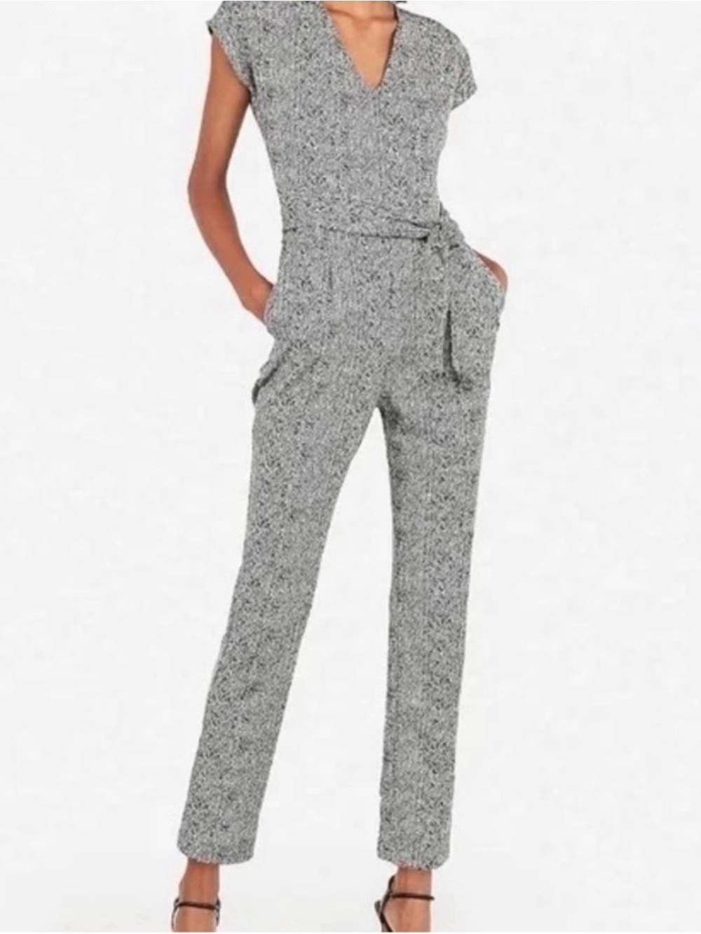 Express Tie Waist Black and White Speckled Jumpsuit with Pockets